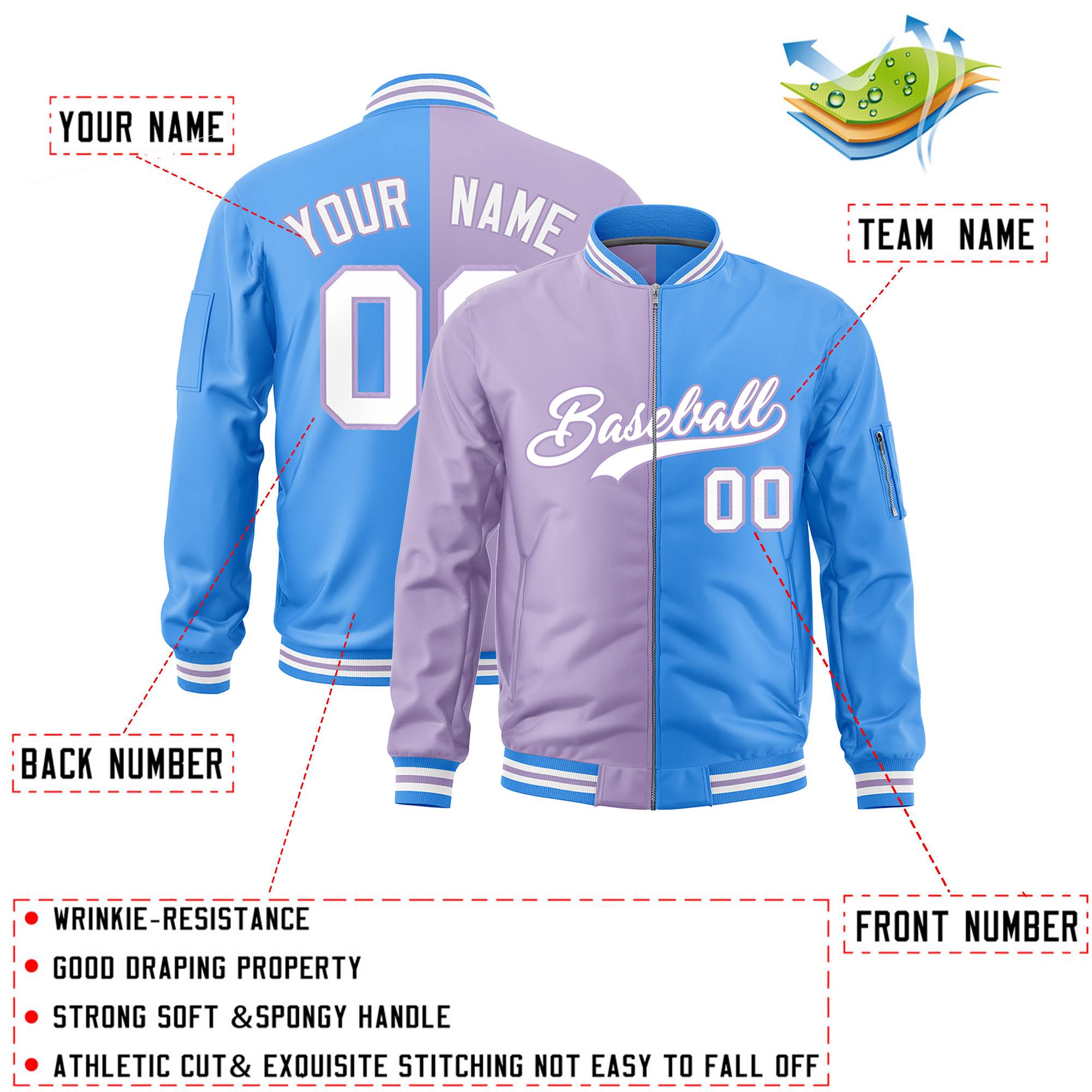 Custom Light Purple Powder Blue Split Varsity Full-Zip Two Tone Letterman Bomber Jacket