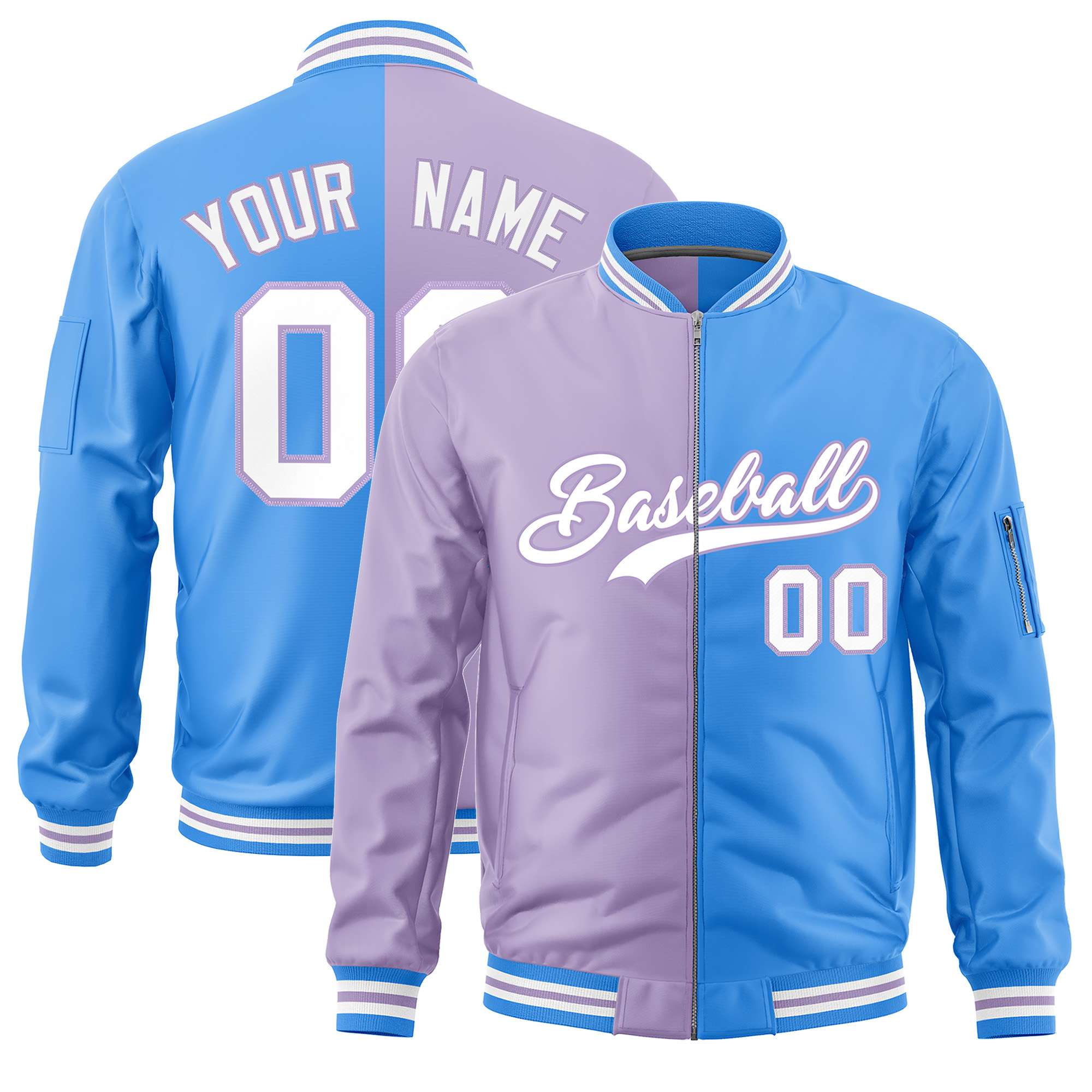 Custom Light Purple Powder Blue Split Varsity Full-Zip Two Tone Letterman Bomber Jacket