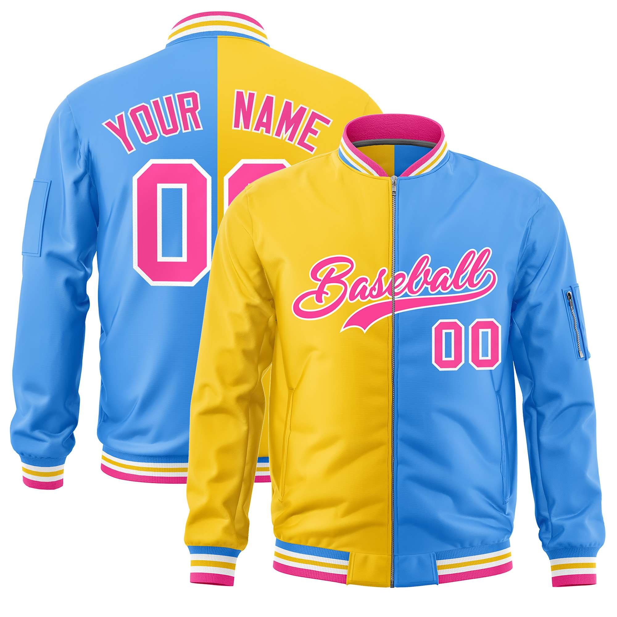 Custom Gold Powder Blue Split Varsity Full-Zip Two Tone Letterman Bomber Jacket