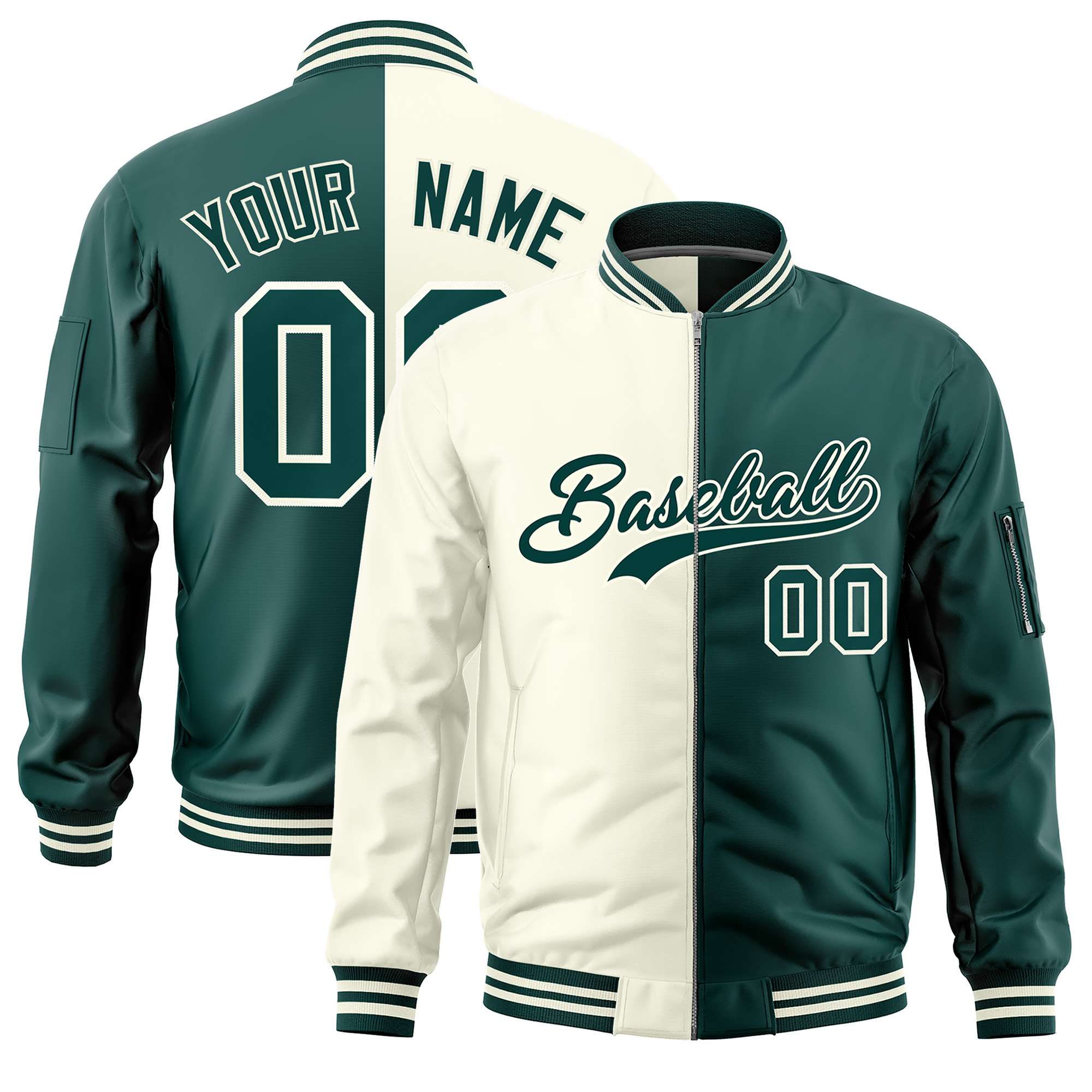 Custom Cream Midnight Green Split Varsity Full-Zip Two Tone Letterman Bomber Jacket