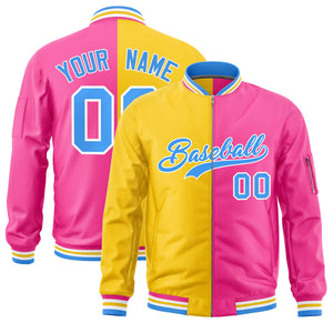 Custom Gold Pink Split Varsity Full-Zip Two Tone Letterman Bomber Jacket