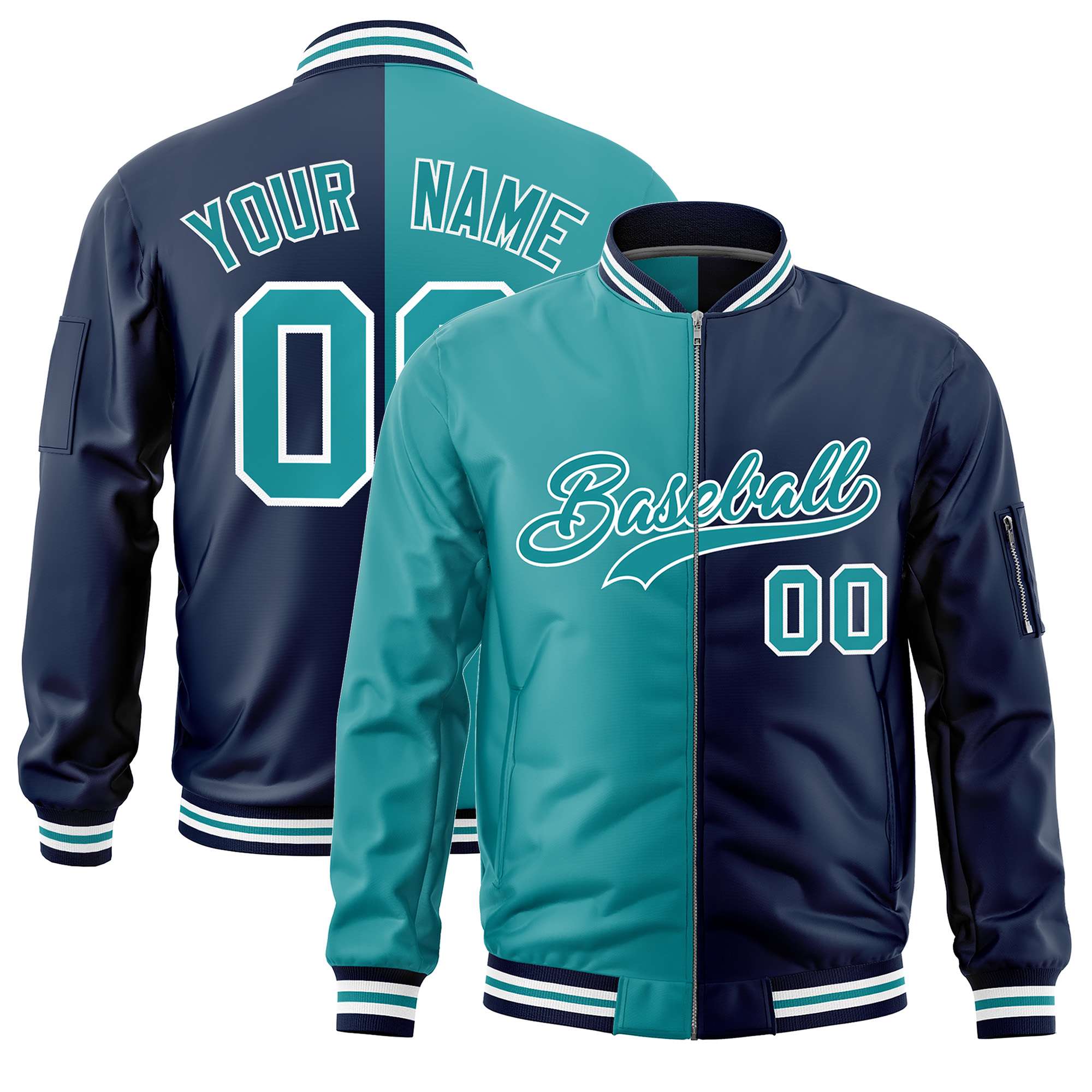 Custom Aqua Navy Split Varsity Full-Zip Two Tone Letterman Bomber Jacket