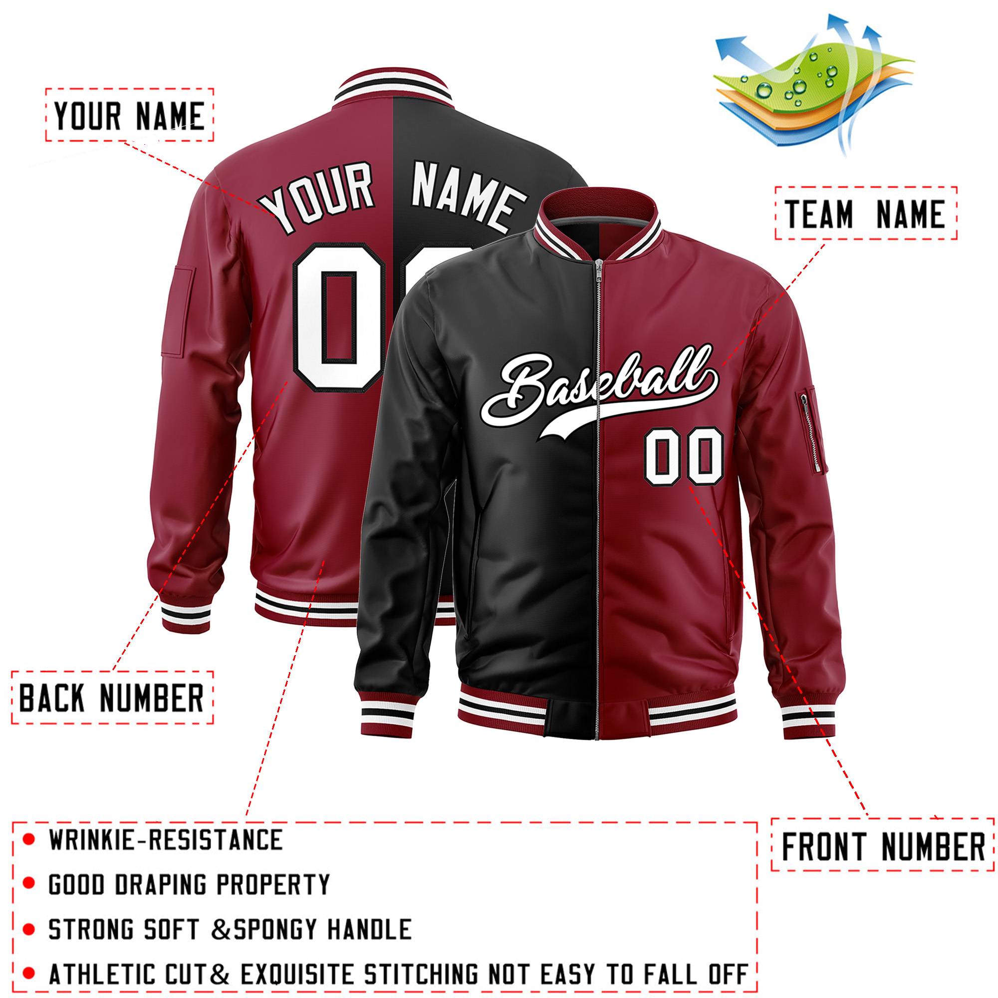 Custom Black Crimson Split Varsity Full-Zip Two Tone Letterman Bomber Jacket