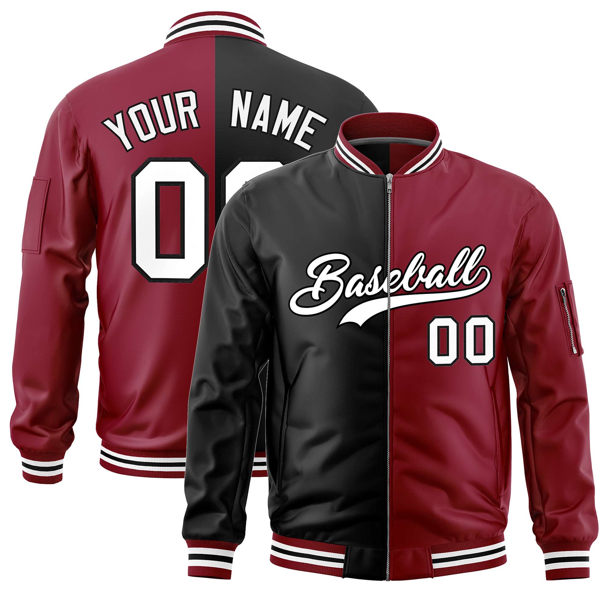 Custom Black Crimson Split Varsity Full-Zip Two Tone Letterman Bomber Jacket