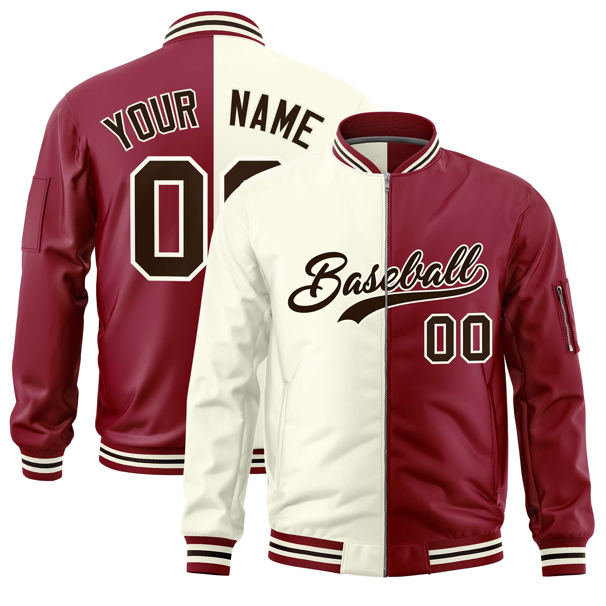 Custom Cream Crimson Split Varsity Full-Zip Two Tone Letterman Bomber Jacket