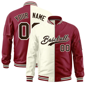 Custom Cream Crimson Split Varsity Full-Zip Two Tone Letterman Bomber Jacket