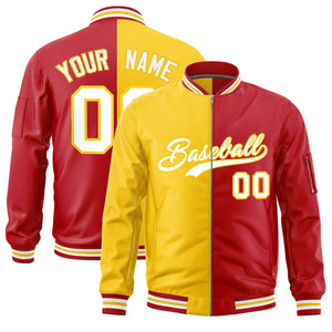 Custom Gold Red Split Varsity Full-Zip Two Tone Letterman Bomber Jacket