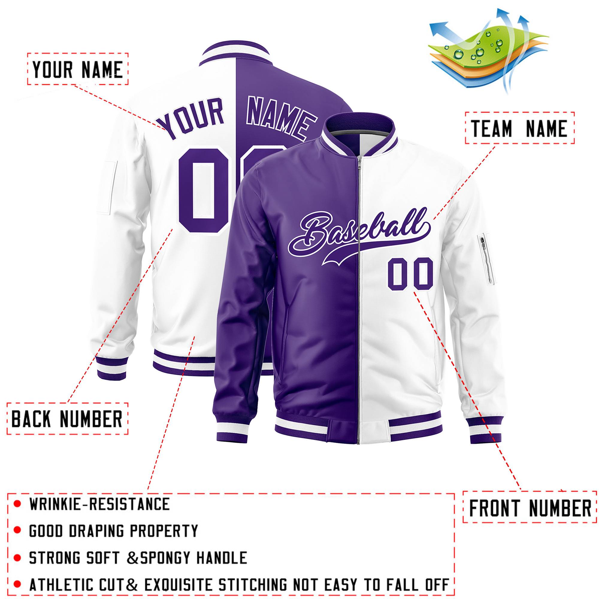 Custom Purple White Split Varsity Full-Zip Two Tone Letterman Bomber Jacket