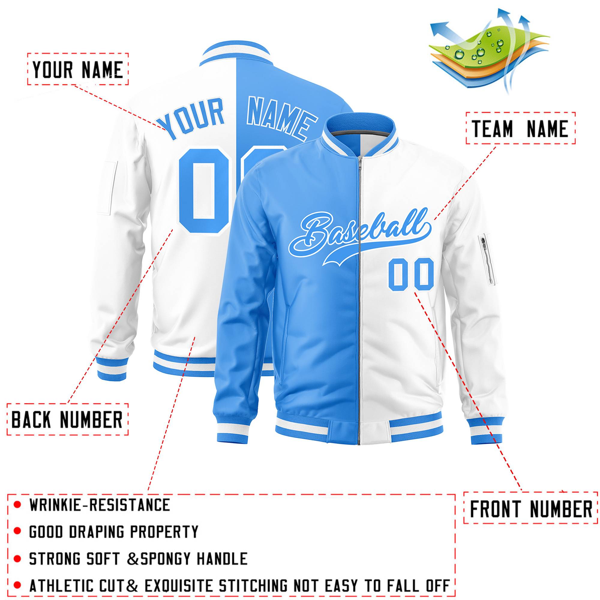 Custom Powder Blue White Split Varsity Full-Zip Two Tone Letterman Bomber Jacket