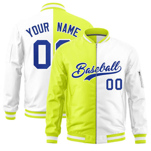 Custom Fluorescent Green White Split Varsity Full-Zip Two Tone Letterman Bomber Jacket