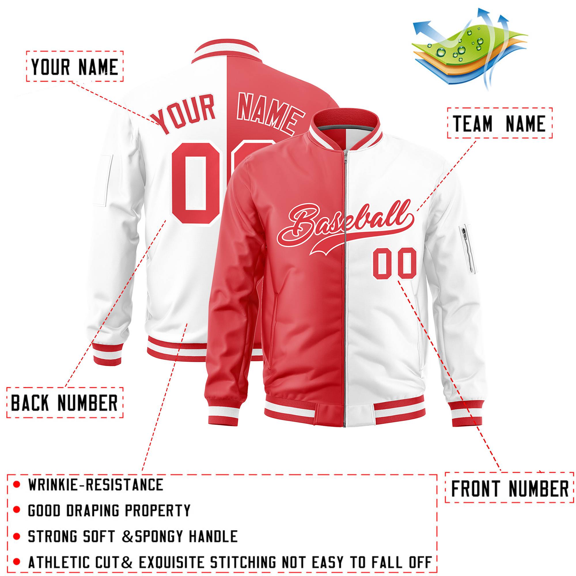 Custom Light Red White Split Varsity Full-Zip Two Tone Letterman Bomber Jacket