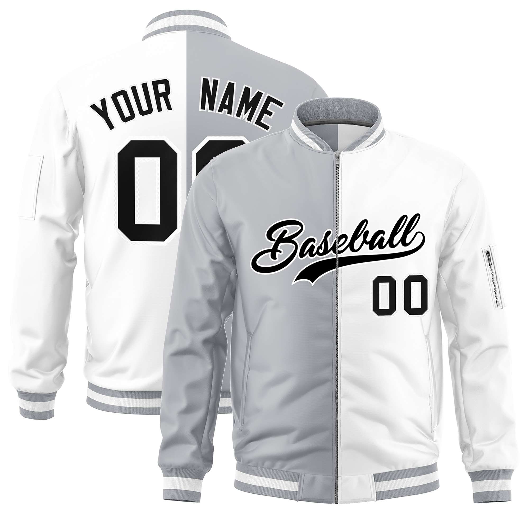 Custom Gray White Split Varsity Full-Zip Two Tone Letterman Bomber Jacket