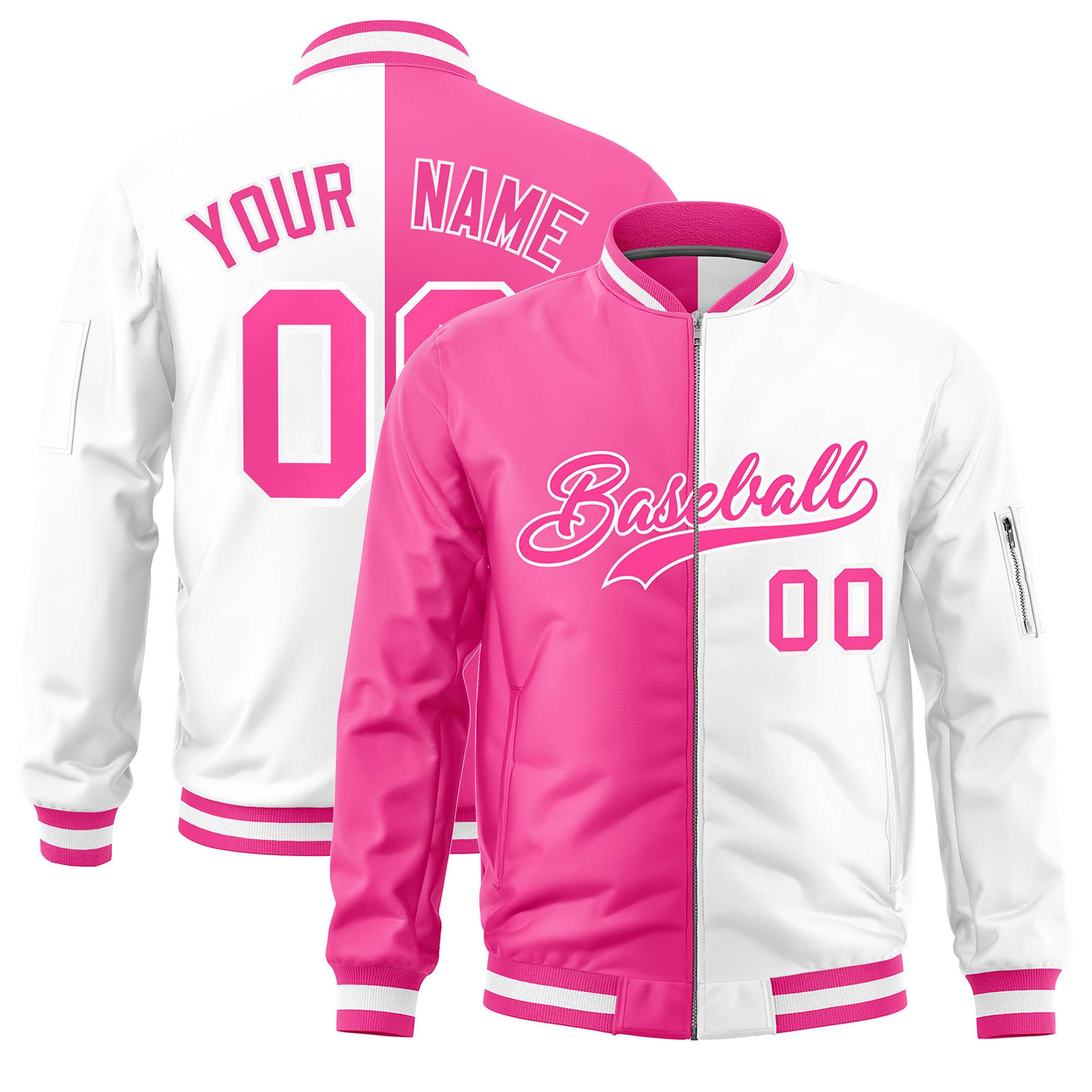 Custom Pink White Split Varsity Full-Zip Two Tone Letterman Bomber Jacket