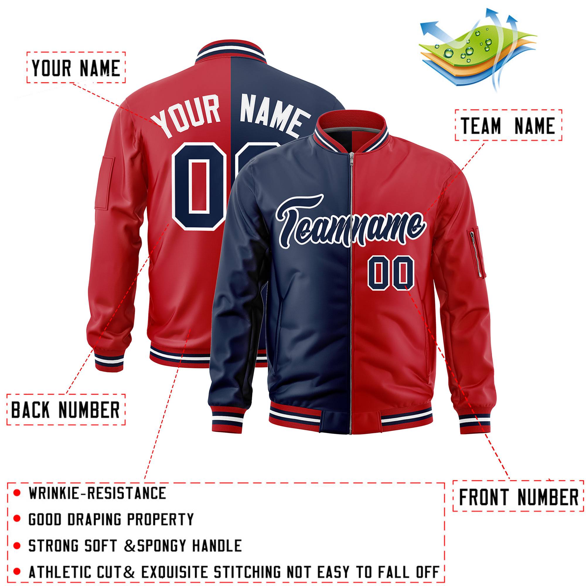 Custom Navy Red Split Varsity Full-Zip Two Tone Letterman Bomber Jacket