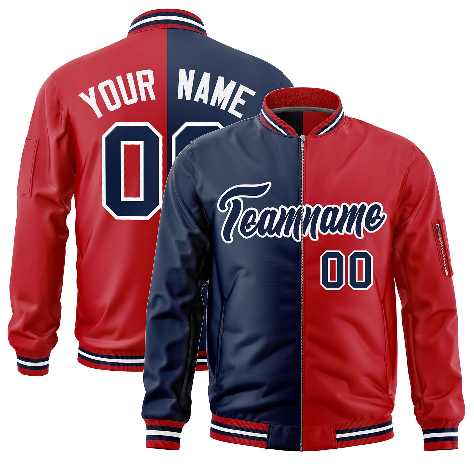 Custom Navy Red Split Varsity Full-Zip Two Tone Letterman Bomber Jacket