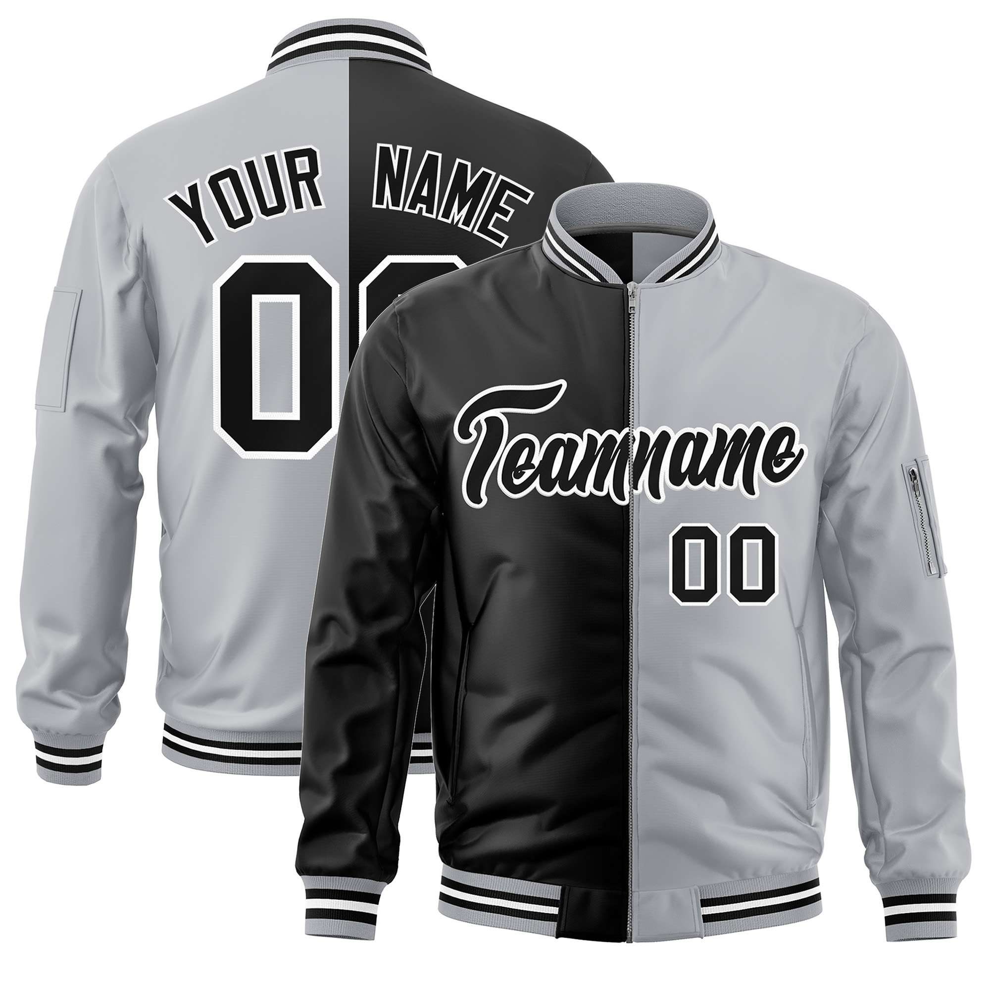 Custom Black Gray Split Varsity Full-Zip Two Tone Letterman Bomber Jacket