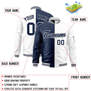 Custom Navy White Split Varsity Full-Zip Two Tone Letterman Bomber Jacket