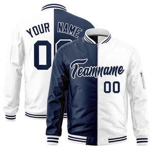 Custom Navy White Split Varsity Full-Zip Two Tone Letterman Bomber Jacket