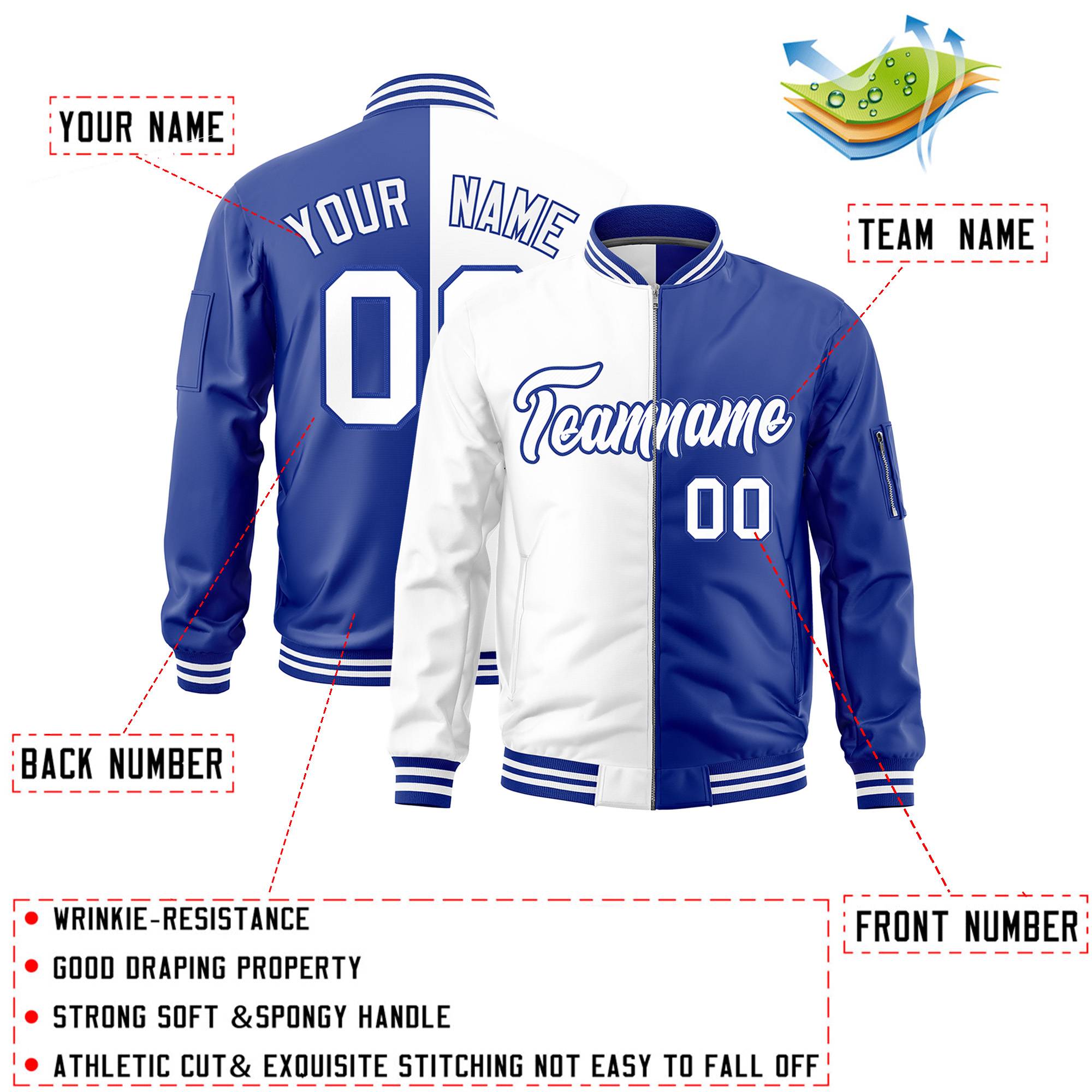 Custom White Royal Split Varsity Full-Zip Two Tone Letterman Bomber Jacket