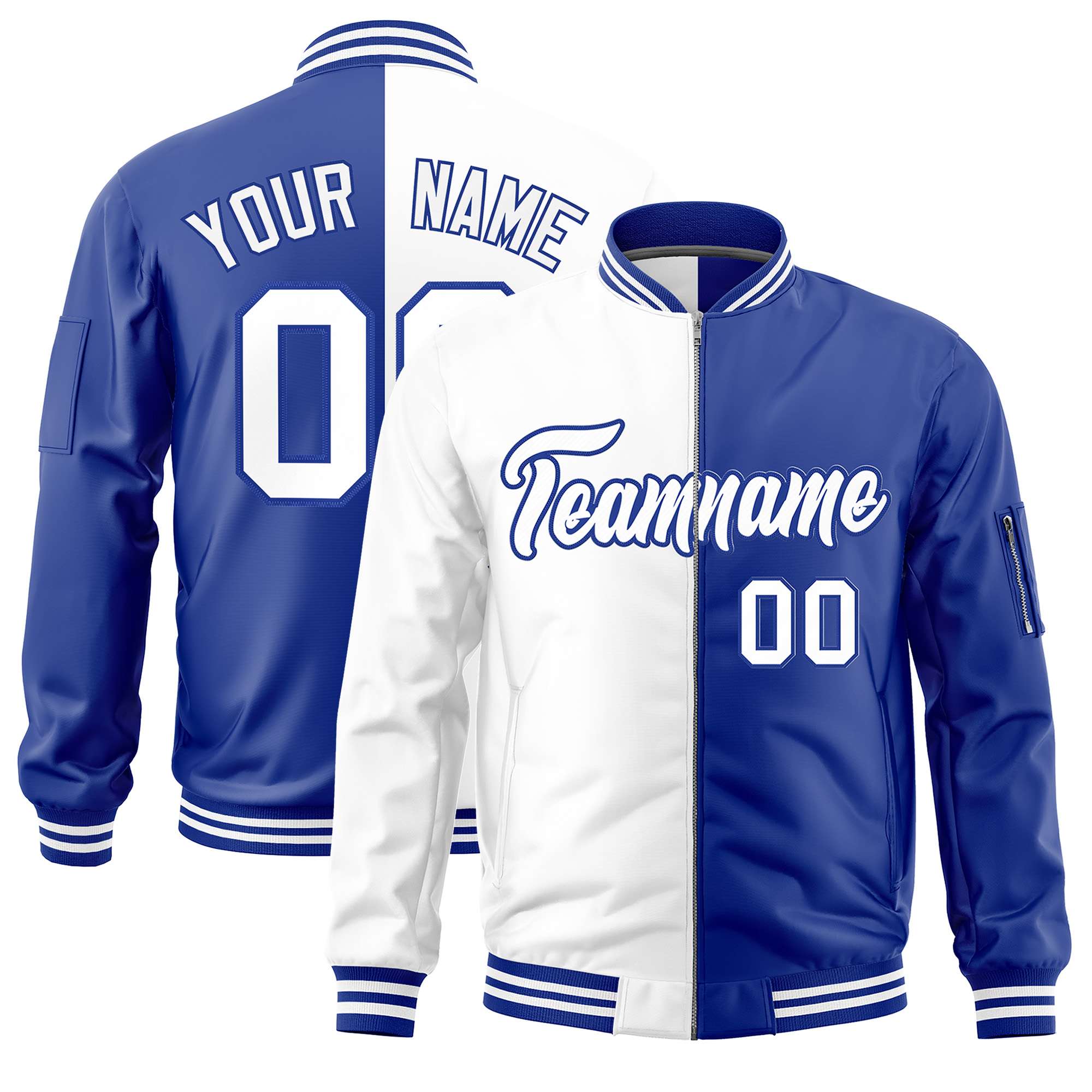 Custom White Royal Split Varsity Full-Zip Two Tone Letterman Bomber Jacket