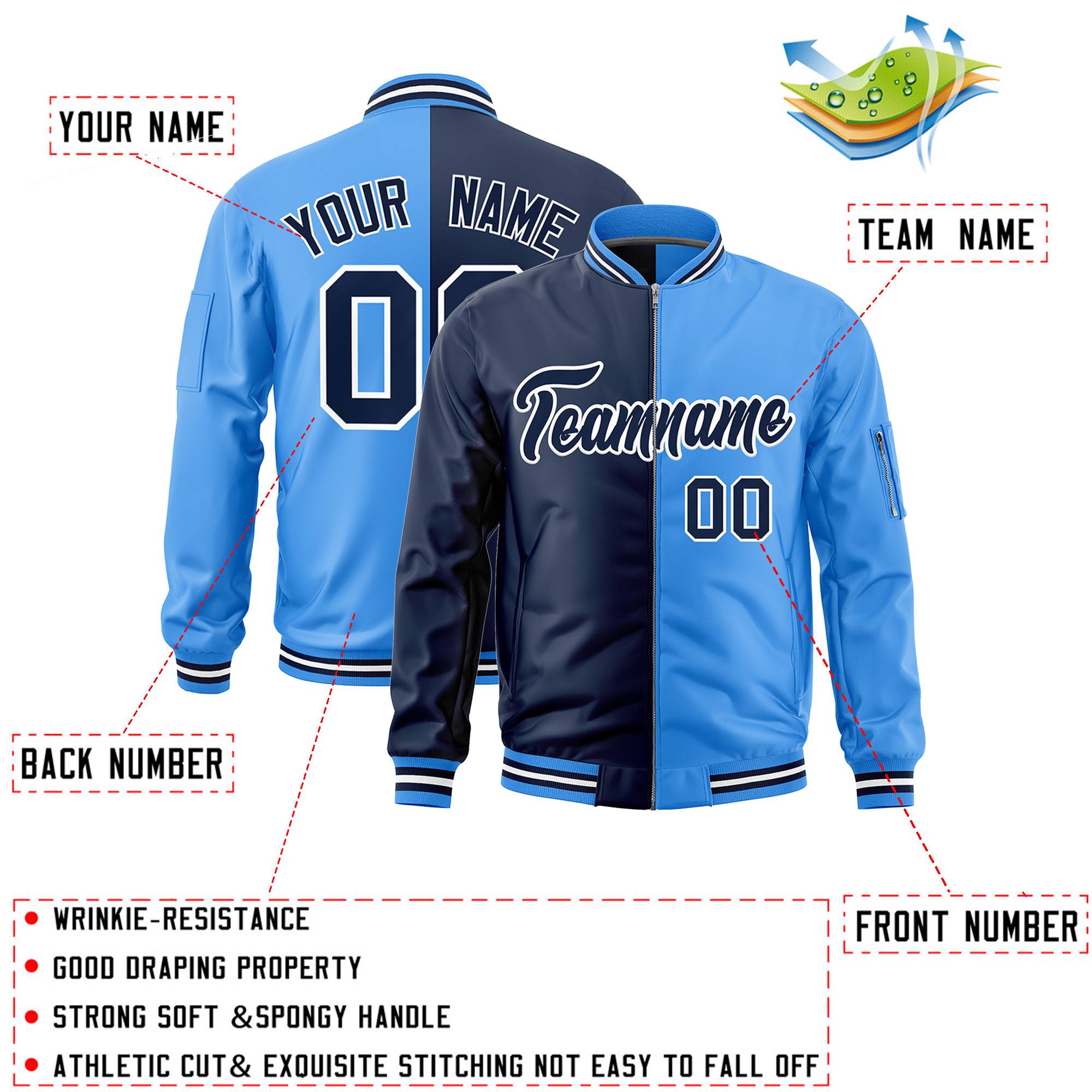 Custom Navy Powder Blue Split Varsity Full-Zip Two Tone Letterman Bomber Jacket