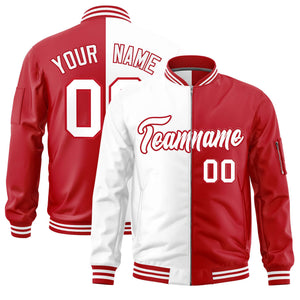 Custom White Red Split Varsity Full-Zip Two Tone Letterman Bomber Jacket