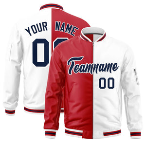 Custom Red White Split Varsity Full-Zip Two Tone Letterman Bomber Jacket