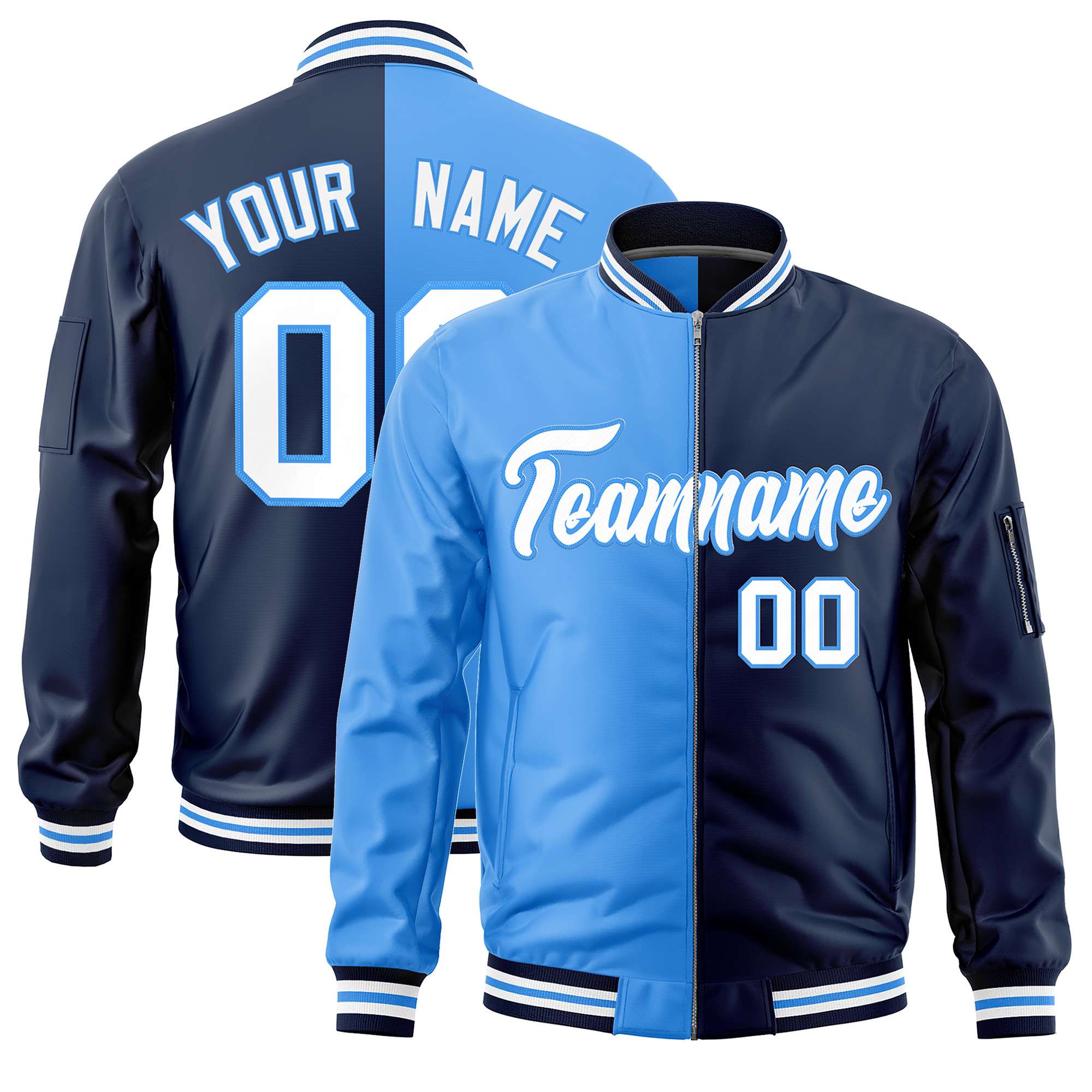 Custom Powder Blue Navy Split Varsity Full-Zip Two Tone Letterman Bomber Jacket