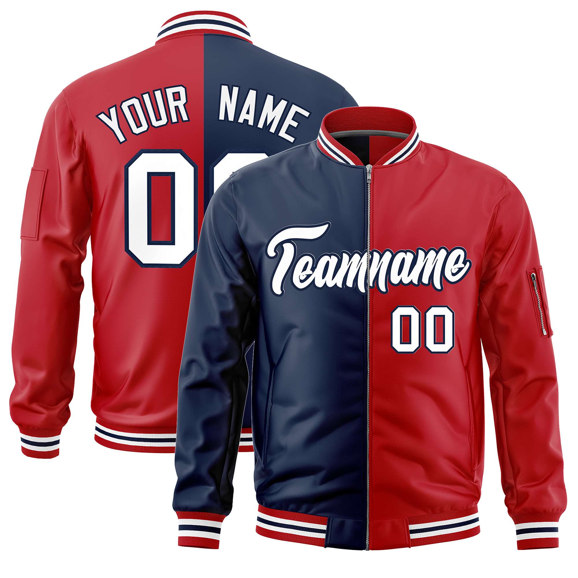 Custom Navy Red Split Varsity Full-Zip Two Tone Letterman Bomber Jacket