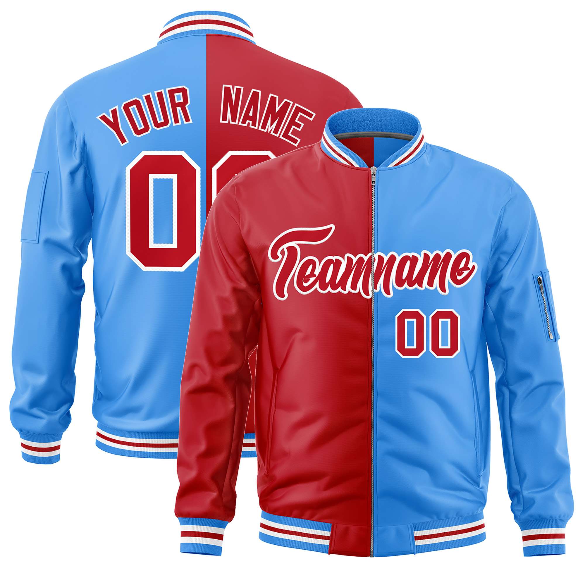 Custom Red Powder Blue Split Varsity Full-Zip Two Tone Letterman Bomber Jacket