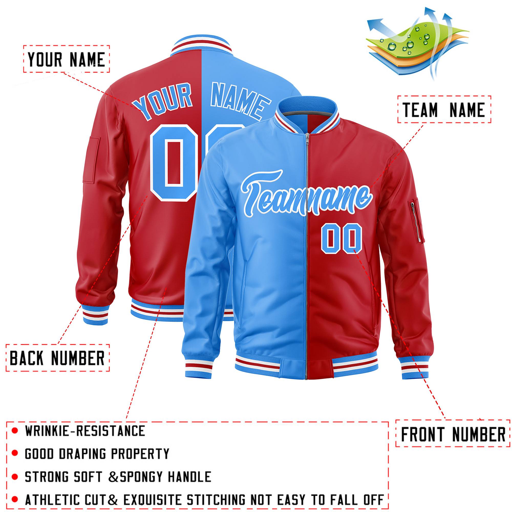 Custom Powder Blue Red Split Varsity Full-Zip Two Tone Letterman Bomber Jacket