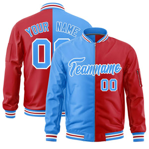 Custom Powder Blue Red Split Varsity Full-Zip Two Tone Letterman Bomber Jacket