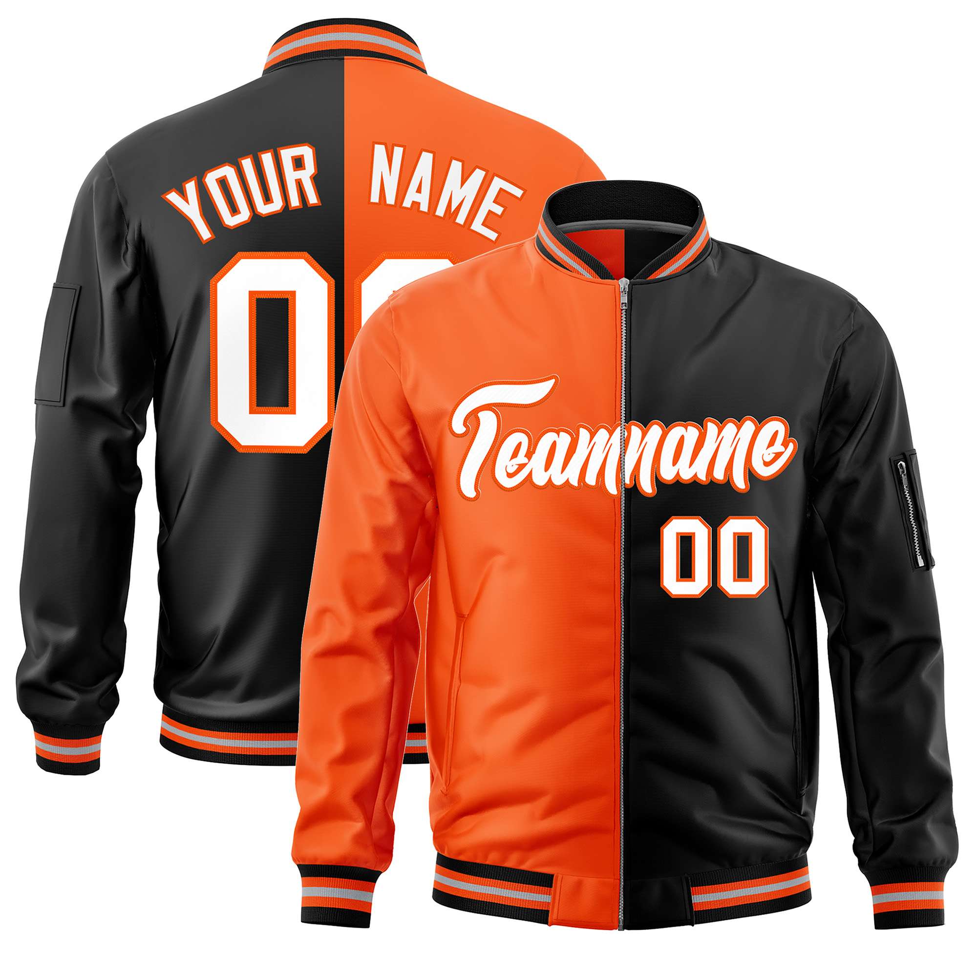 Custom Orange Black Split Varsity Full-Zip Two Tone Letterman Bomber Jacket