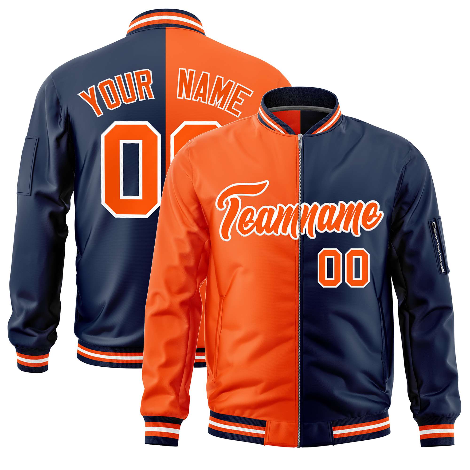 Custom Orange Navy Split Varsity Full-Zip Two Tone Letterman Bomber Jacket