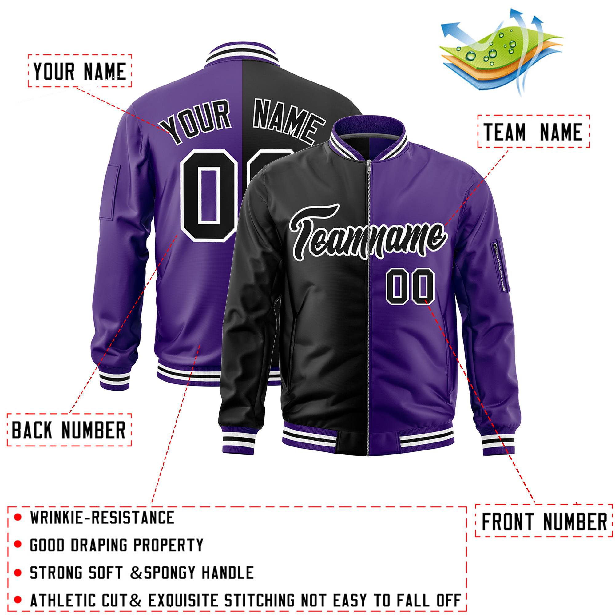 Custom Black Purple Split Varsity Full-Zip Two Tone Letterman Bomber Jacket