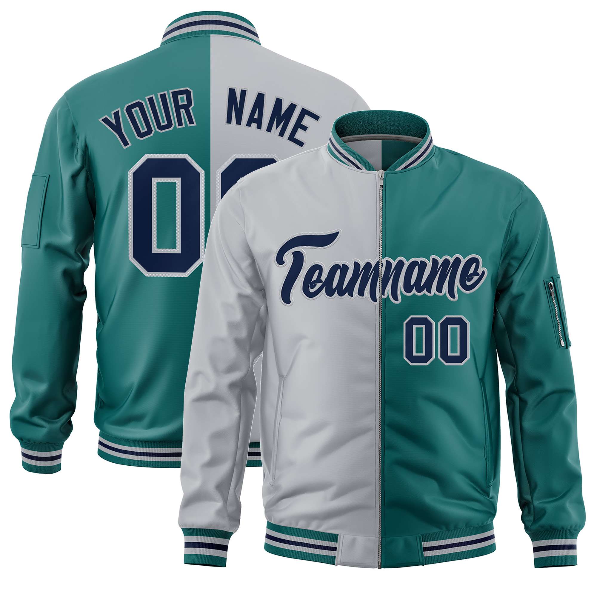 Custom Gray Aqua Split Varsity Full-Zip Two Tone Letterman Bomber Jacket