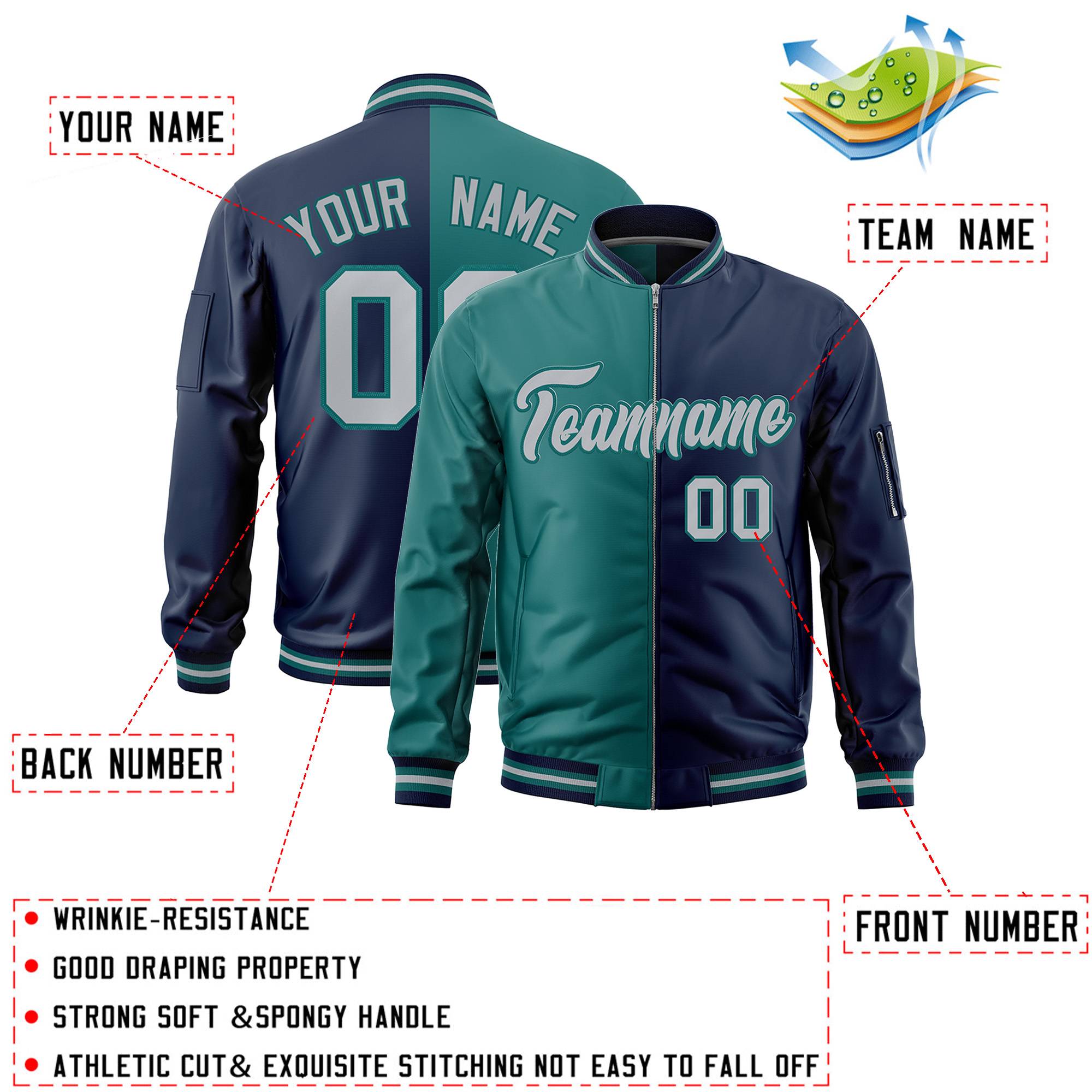 Custom Aqua Navy Split Varsity Full-Zip Two Tone Letterman Bomber Jacket