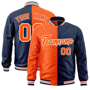 Custom Orange Navy Split Varsity Full-Zip Two Tone Letterman Bomber Jacket