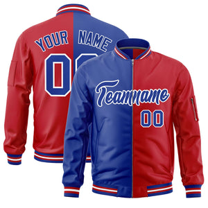 Custom Royal Red Split Varsity Full-Zip Two Tone Letterman Bomber Jacket