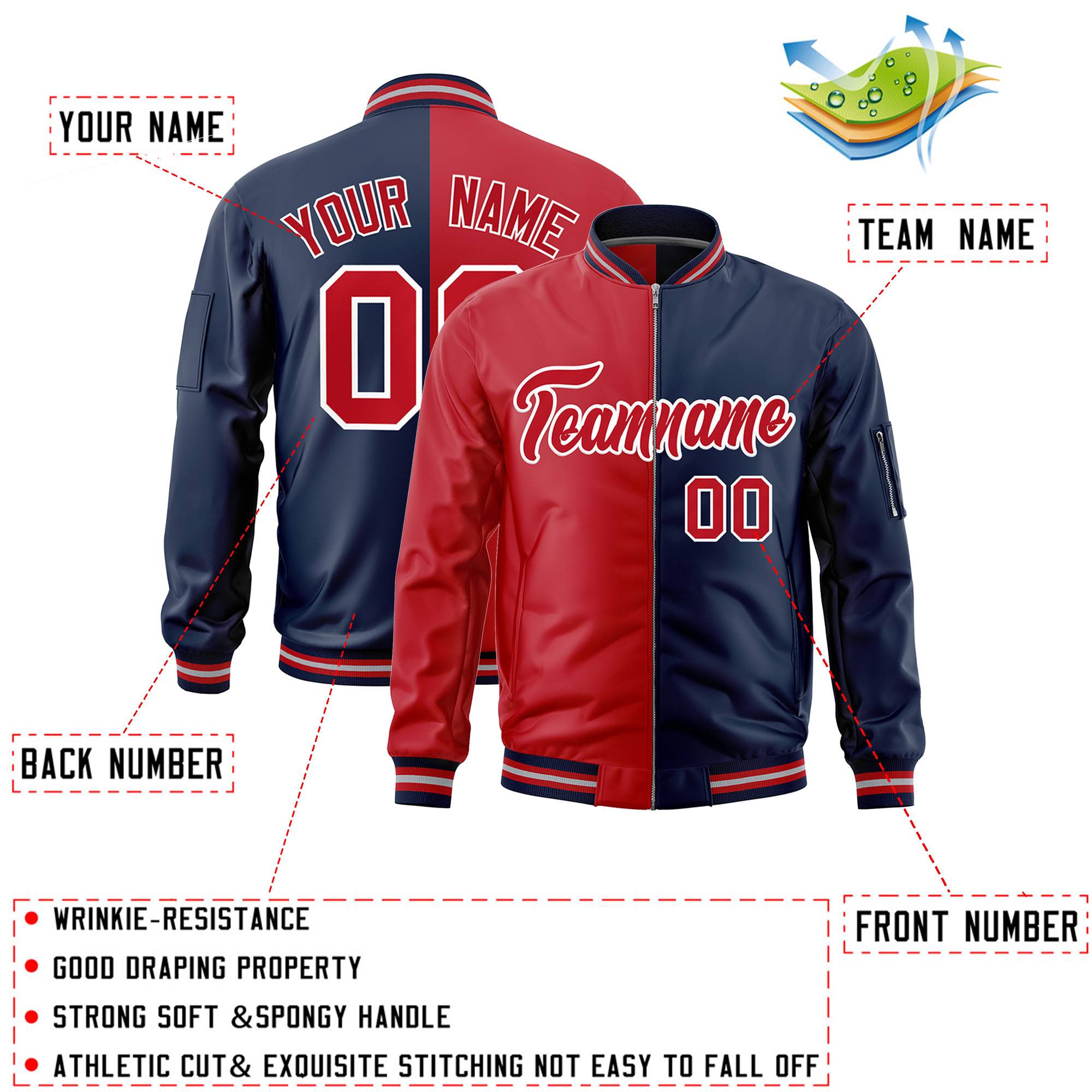 Custom Red Navy Split Varsity Full-Zip Two Tone Letterman Bomber Jacket