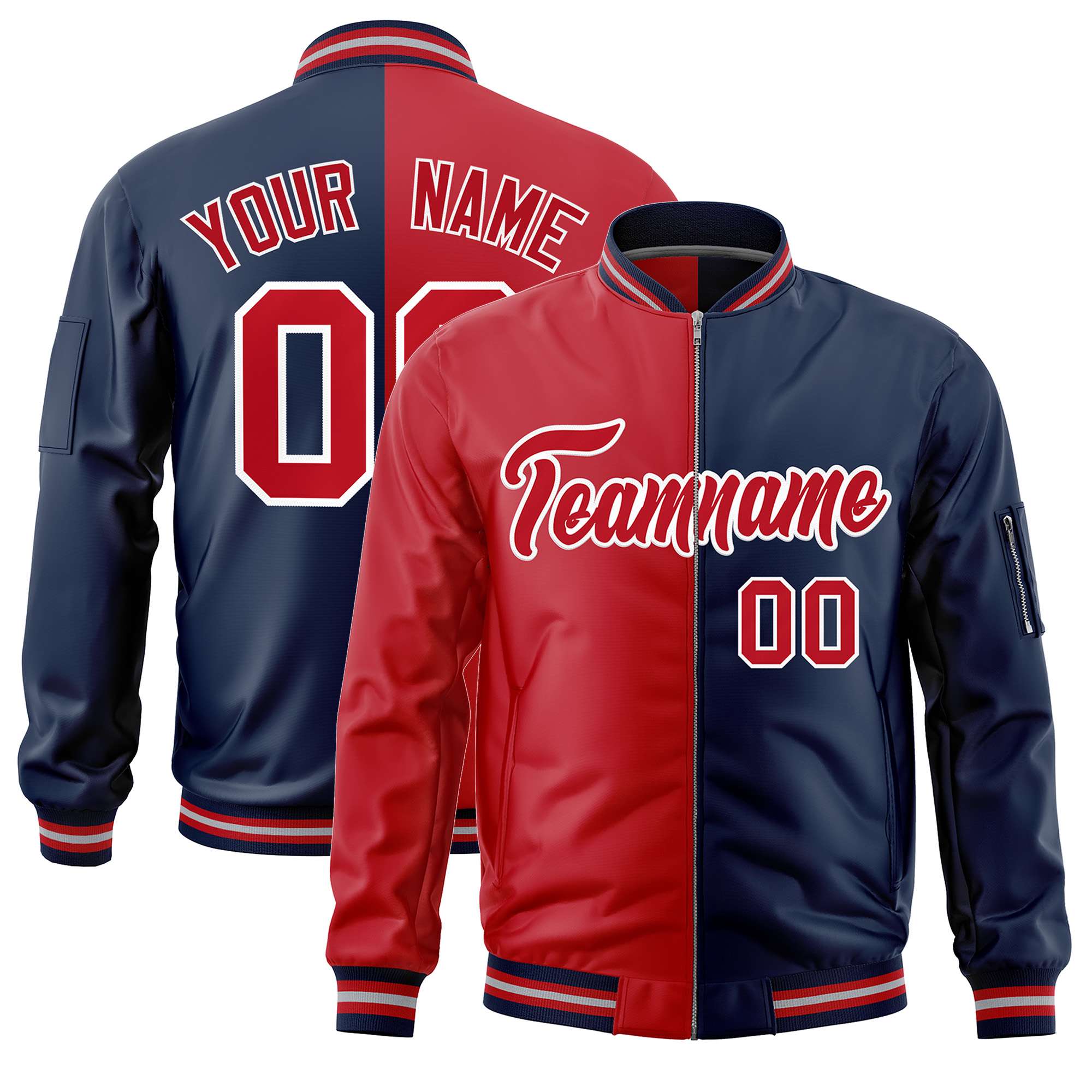 Custom Red Navy Split Varsity Full-Zip Two Tone Letterman Bomber Jacket