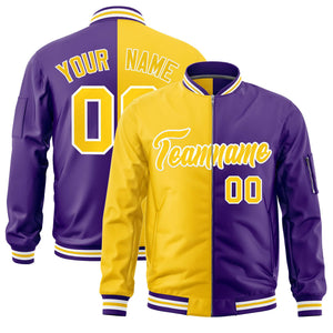 Custom Gold Purple Split Varsity Full-Zip Two Tone Letterman Bomber Jacket