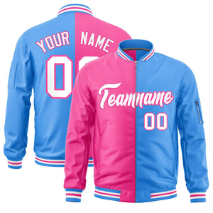 Custom Pink Powder Blue Split Varsity Full-Zip Two Tone Letterman Bomber Jacket