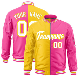 Custom Gold Pink Split Varsity Full-Zip Two Tone Letterman Bomber Jacket