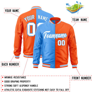 Custom Powder Blue Orange Split Varsity Full-Zip Two Tone Letterman Bomber Jacket