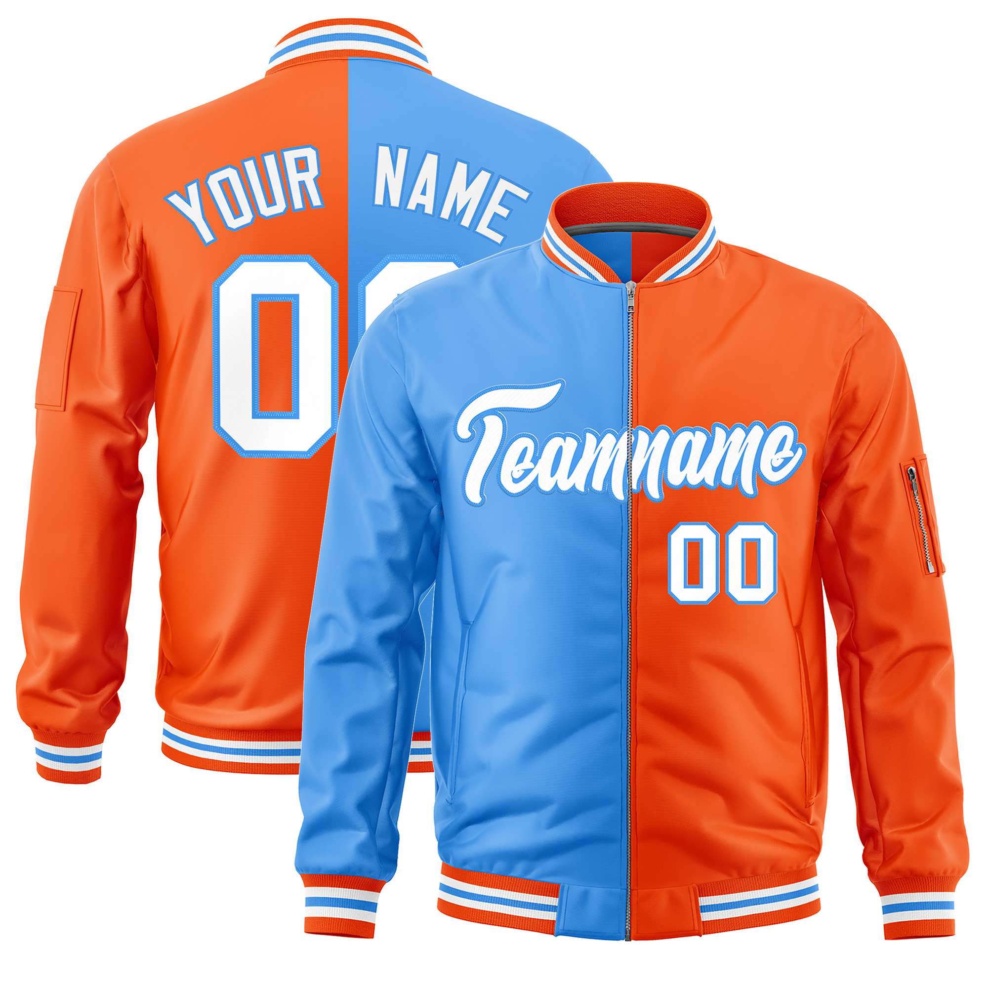 Custom Powder Blue Orange Split Varsity Full-Zip Two Tone Letterman Bomber Jacket