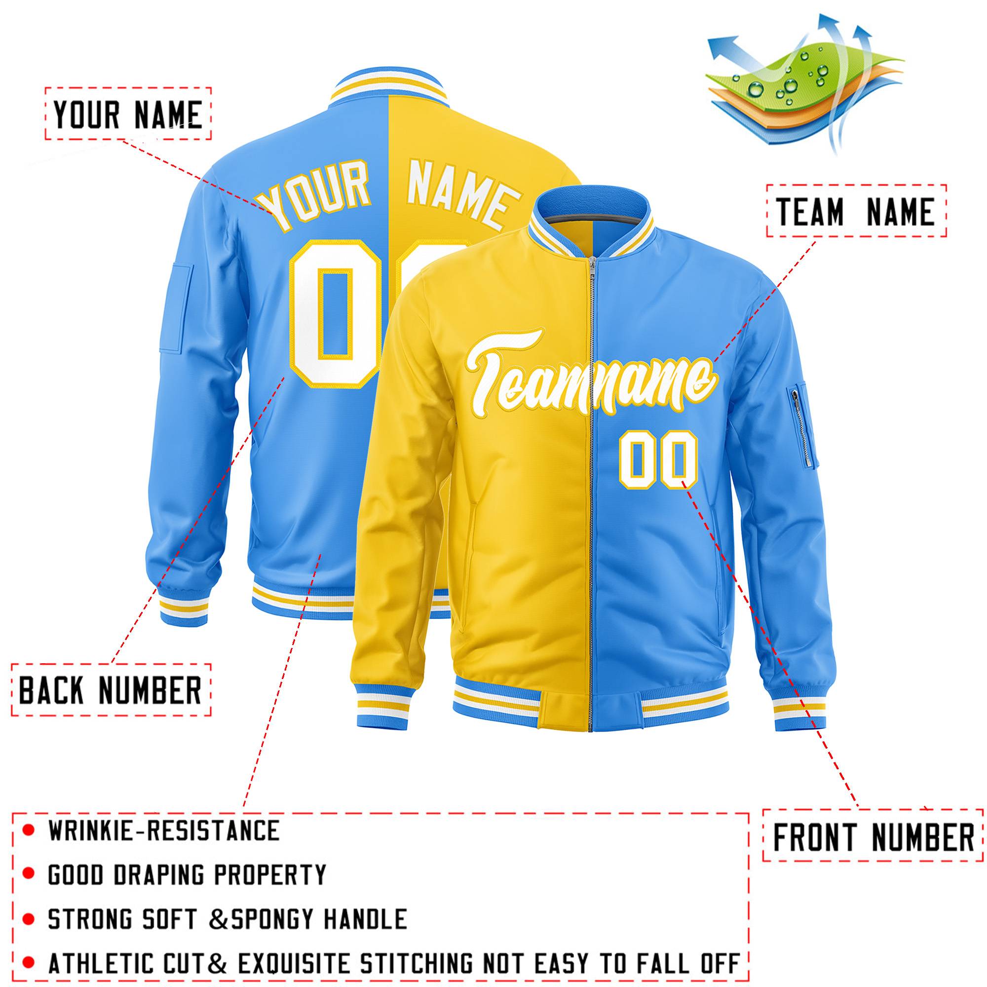 Custom Gold Powder Blue Split Varsity Full-Zip Two Tone Letterman Bomber Jacket