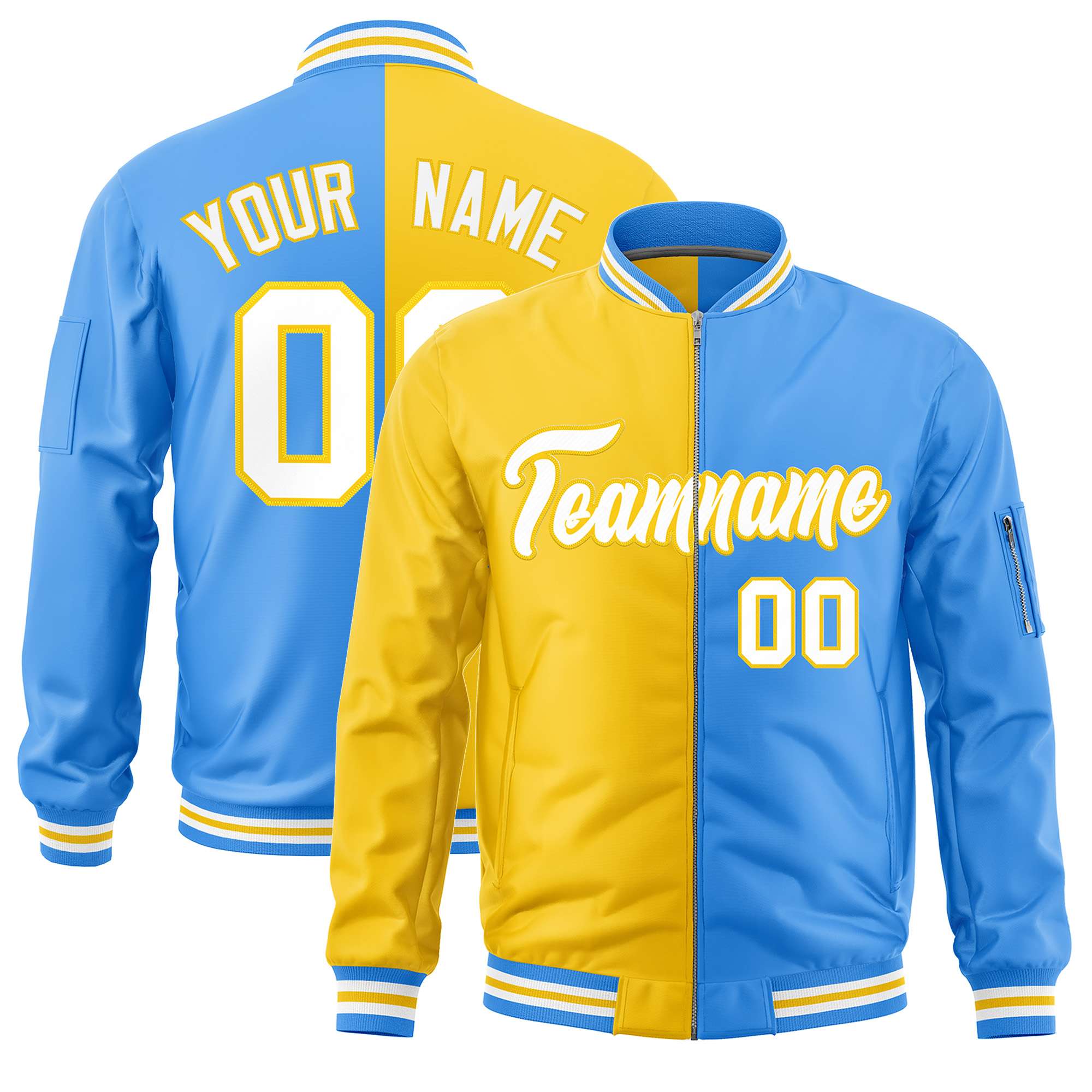 Custom Gold Powder Blue Split Varsity Full-Zip Two Tone Letterman Bomber Jacket