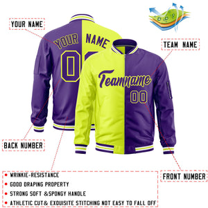 Custom Fluorescent Green Purple Split Varsity Full-Zip Two Tone Letterman Bomber Jacket