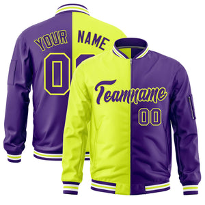 Custom Fluorescent Green Purple Split Varsity Full-Zip Two Tone Letterman Bomber Jacket